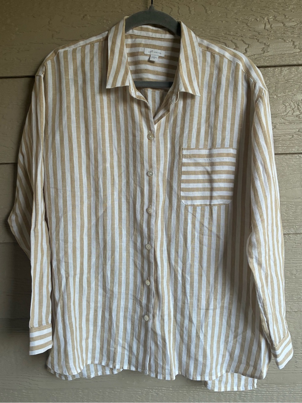 J.Jill Love Linen 100% Linen Striped Button Front Shirt Medium Beige White Relax